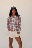 Person wearing a plaid shirt and shorts with a cap on a plain background