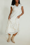 Woman wearing a white dress with ruffled layers on a plain background