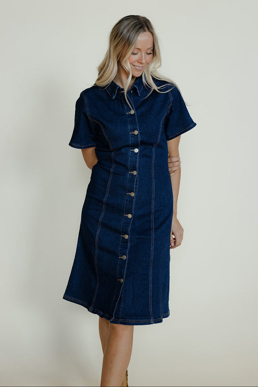 Woman wearing a blue denim dress against a plain background