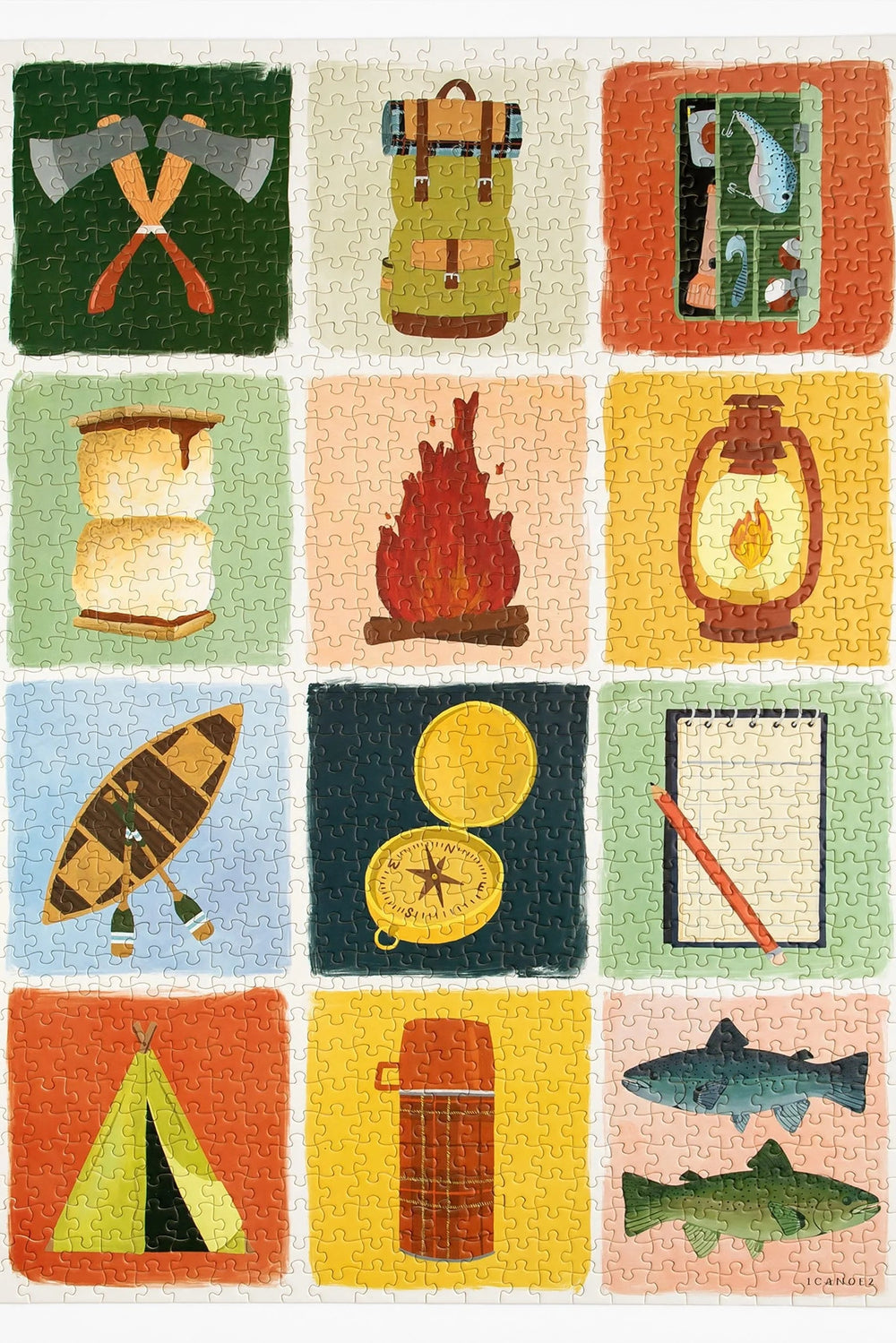 Patchwork design with camping-themed illustrations in a grid pattern.