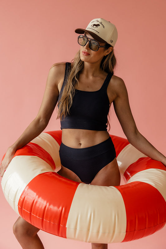 Black Flat Rib Mid Rise Bottom