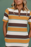 Person wearing a striped polo shirt with brown, yellow, and white colors on a green background
