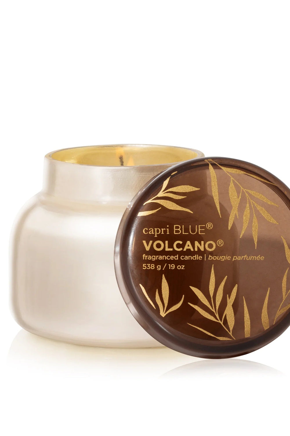 Capri Blue Volcano candle with brown lid on a white background