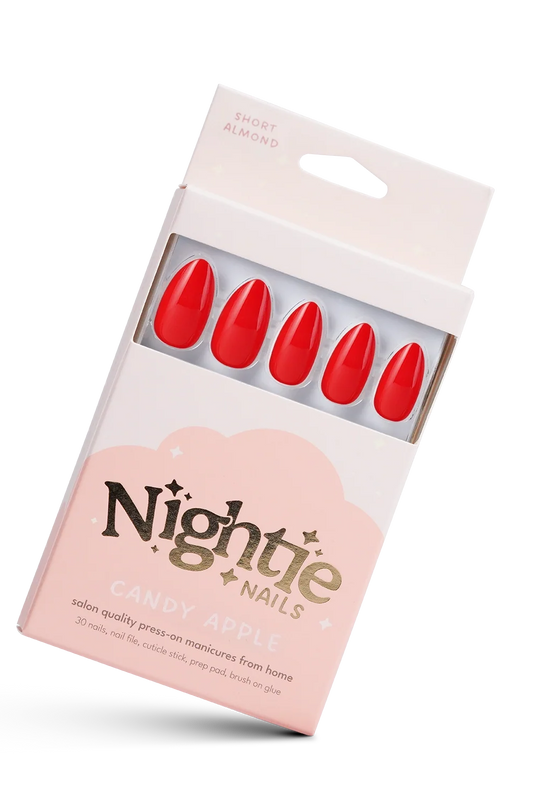 Pack of red press-on nails with 'Nightie Nails' branding on a white background