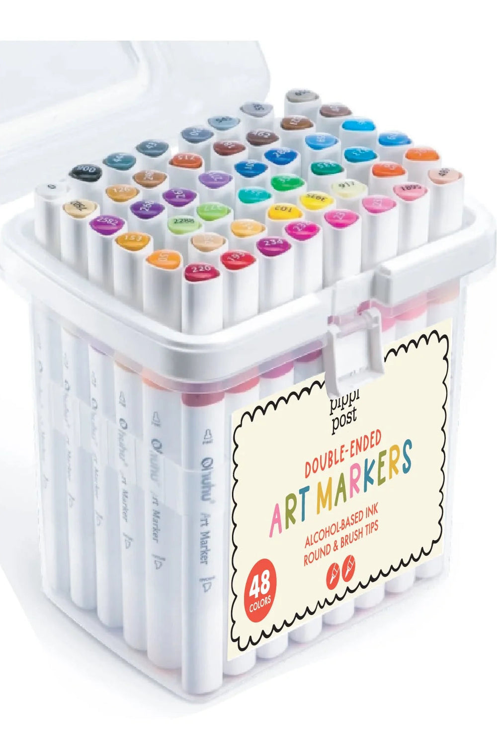 Set of double-ended art markers in a white container with colorful caps.