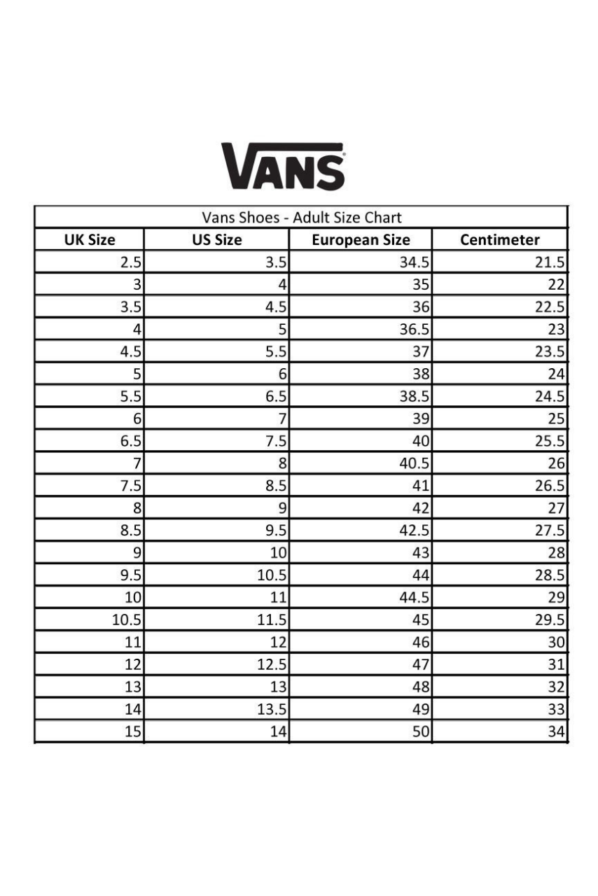 Vans size chart | ROOLEE