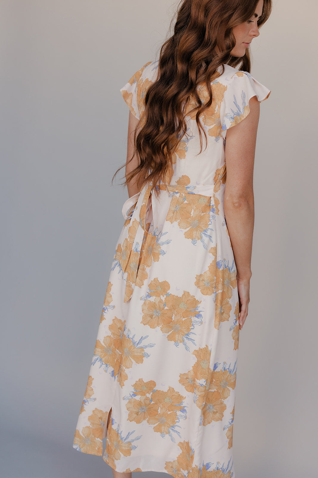 Golden Petal Flutter Sleeve Dress