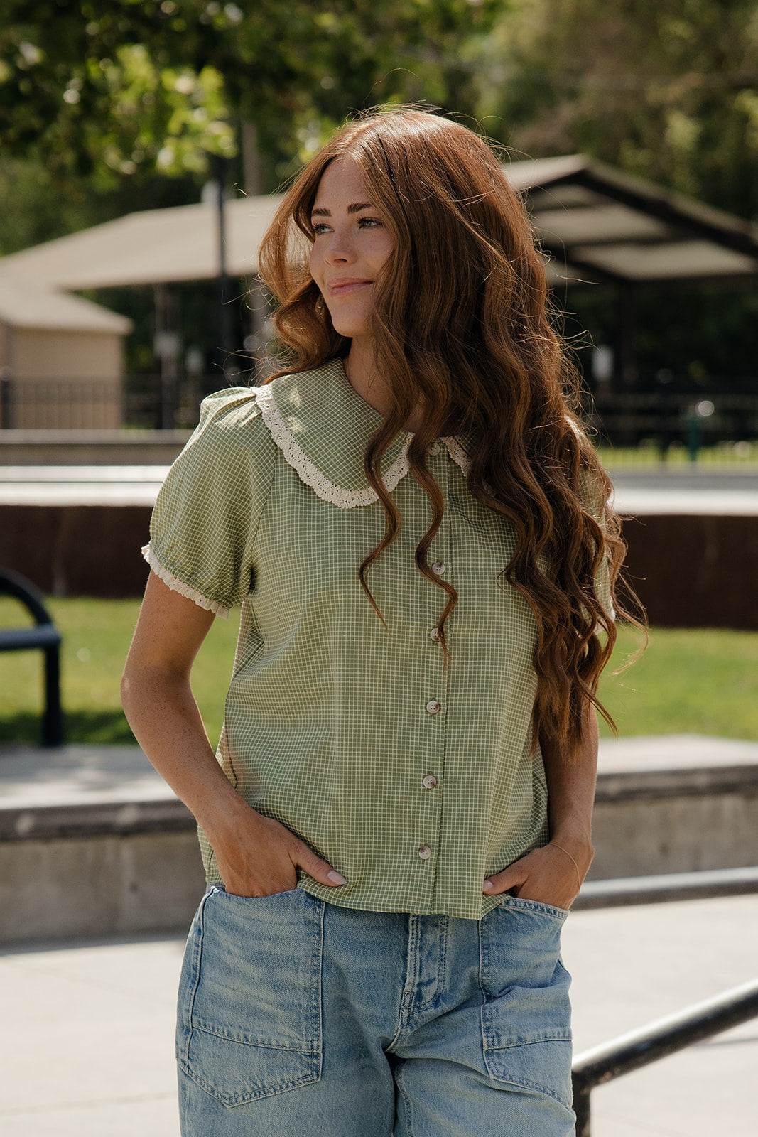 Sage + Lace Button Blouse