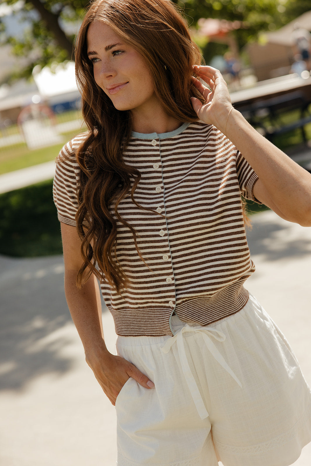 Mocha Stripe Short Sleeve Cardi