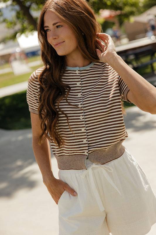 Mocha Stripe Short Sleeve Cardi