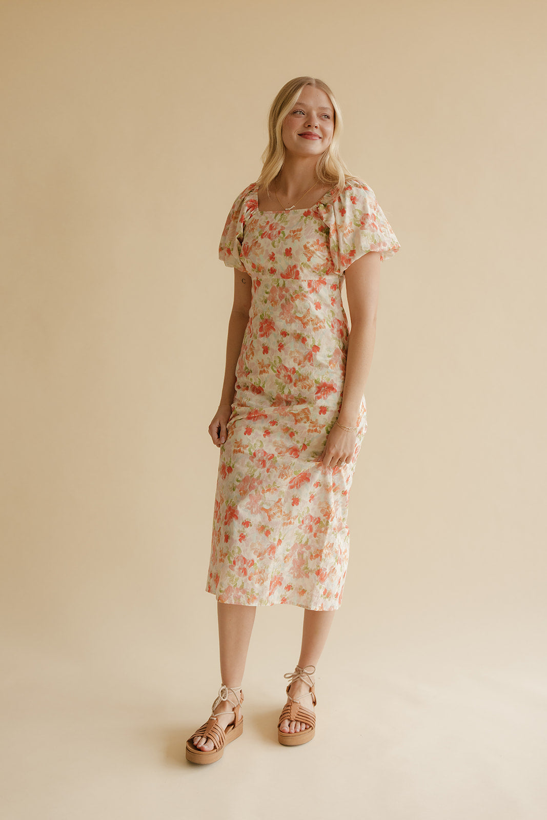 Peach Bloom Puff Sleeve Midi