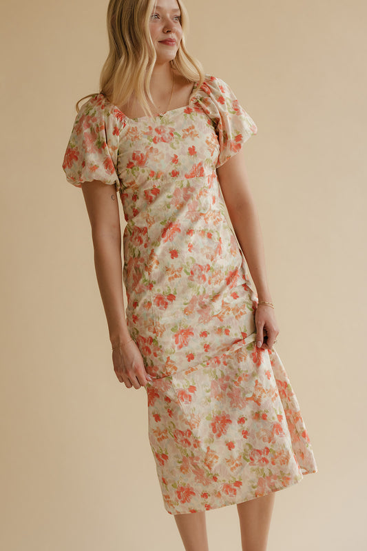 Peach Bloom Puff Sleeve Midi