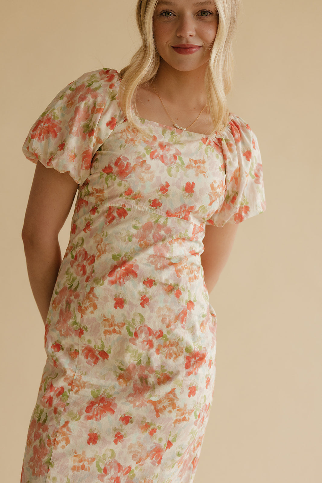 Peach Bloom Puff Sleeve Midi