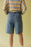 Person wearing a striped sweater and denim shorts on a yellow background