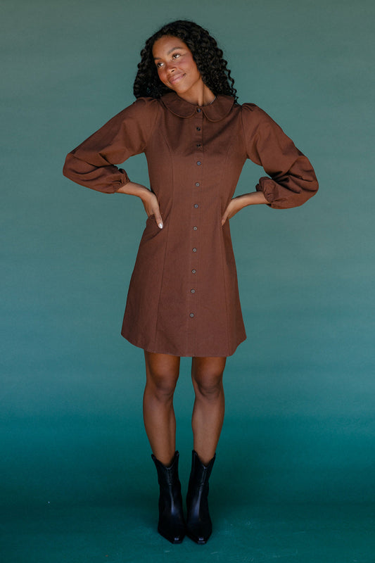 Woman wearing a brown dress against a teal background