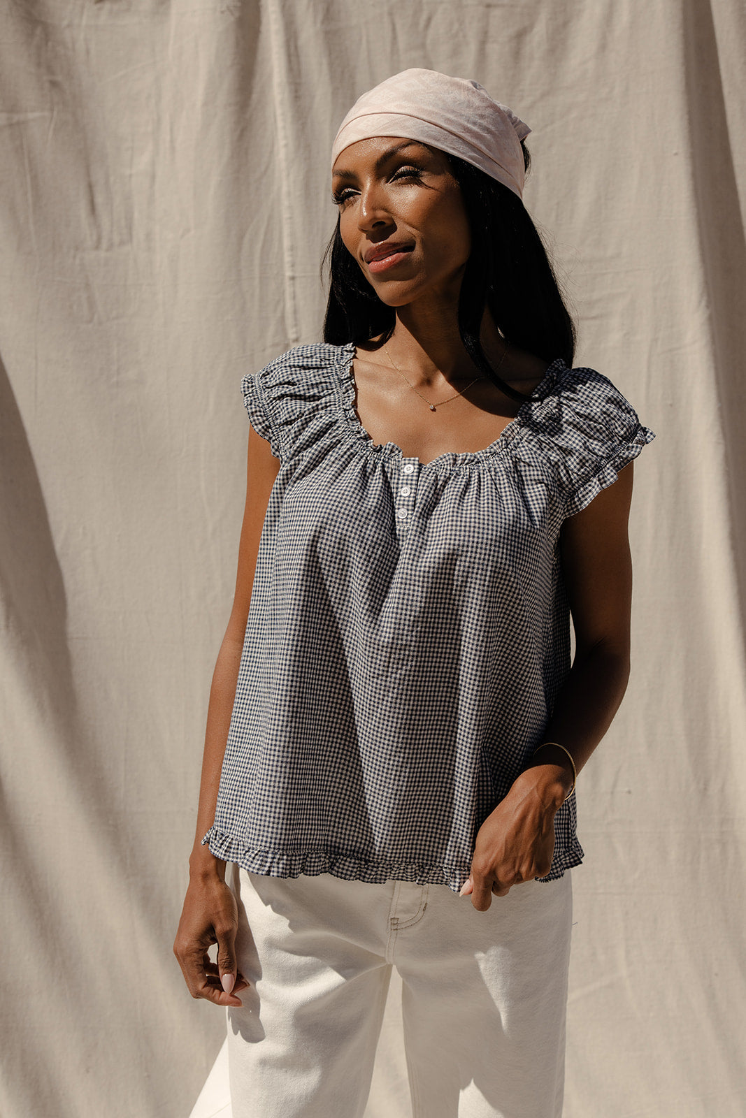 Midnight Gingham Ruffle Blouse