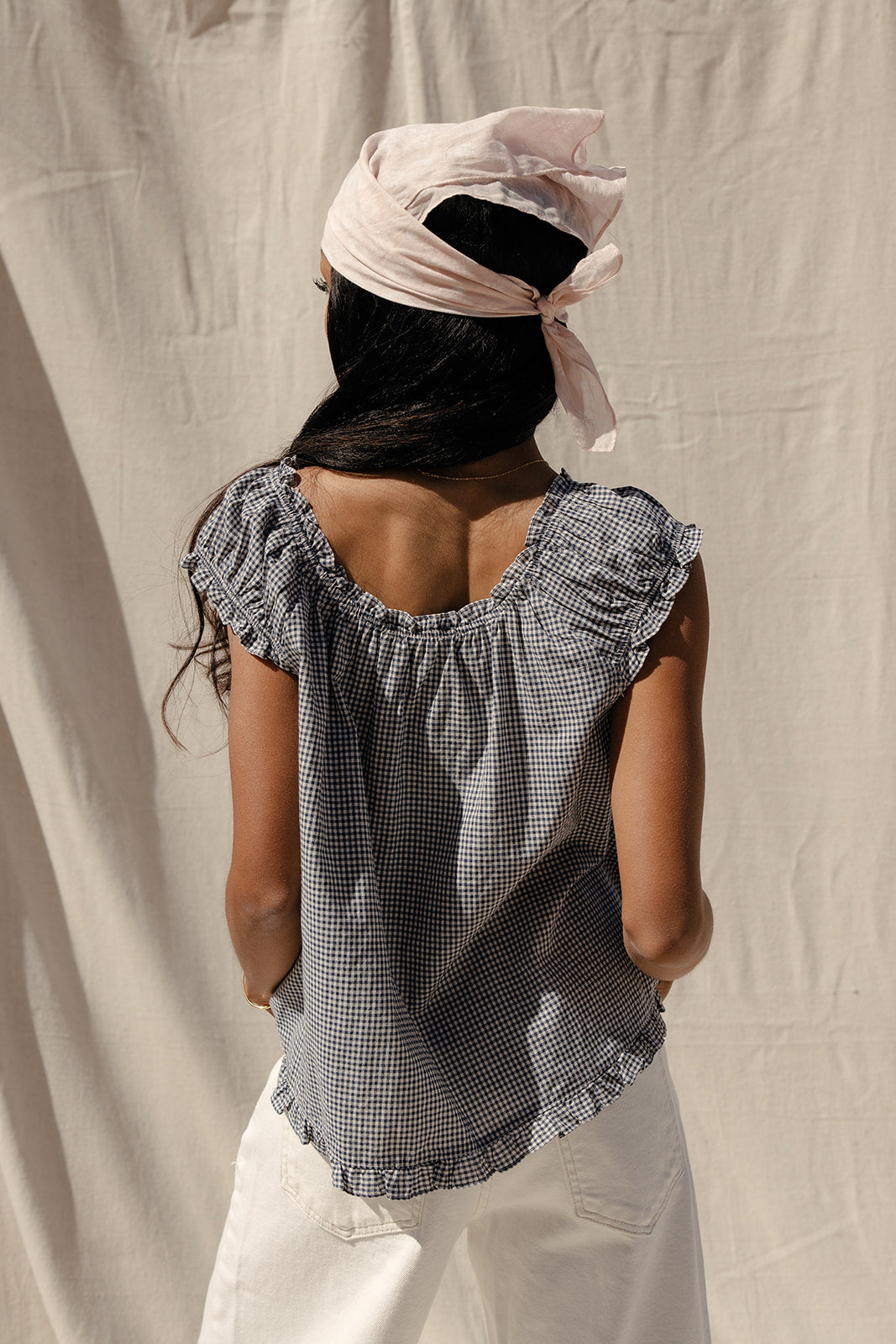 Midnight Gingham Ruffle Blouse