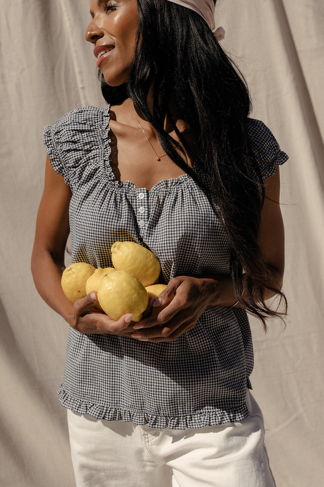 Midnight Gingham Ruffle Blouse