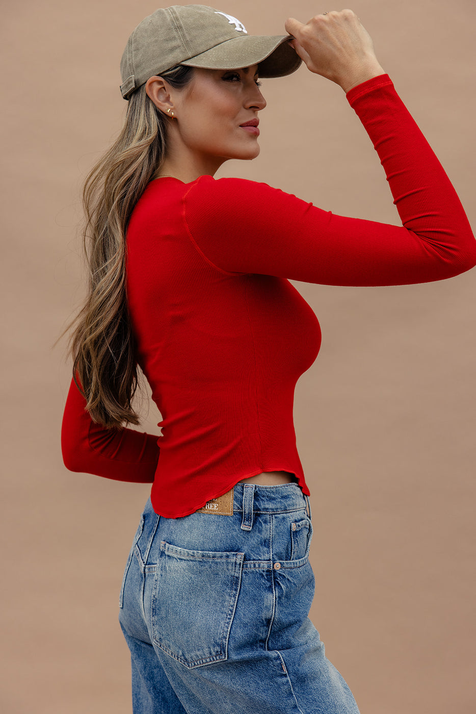 a woman in a red shirt