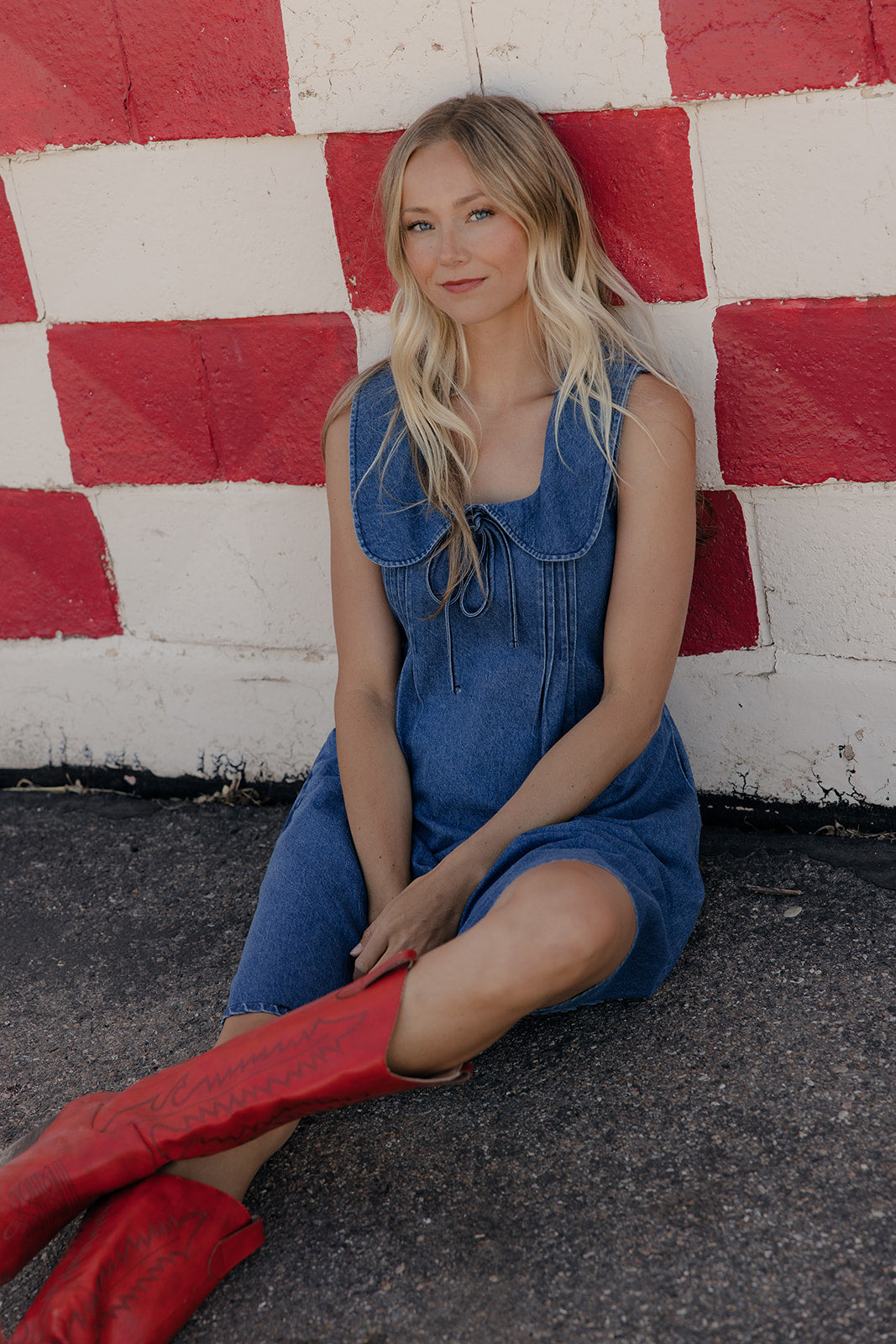 denim dress with red shoes emptynestblessed on LTK