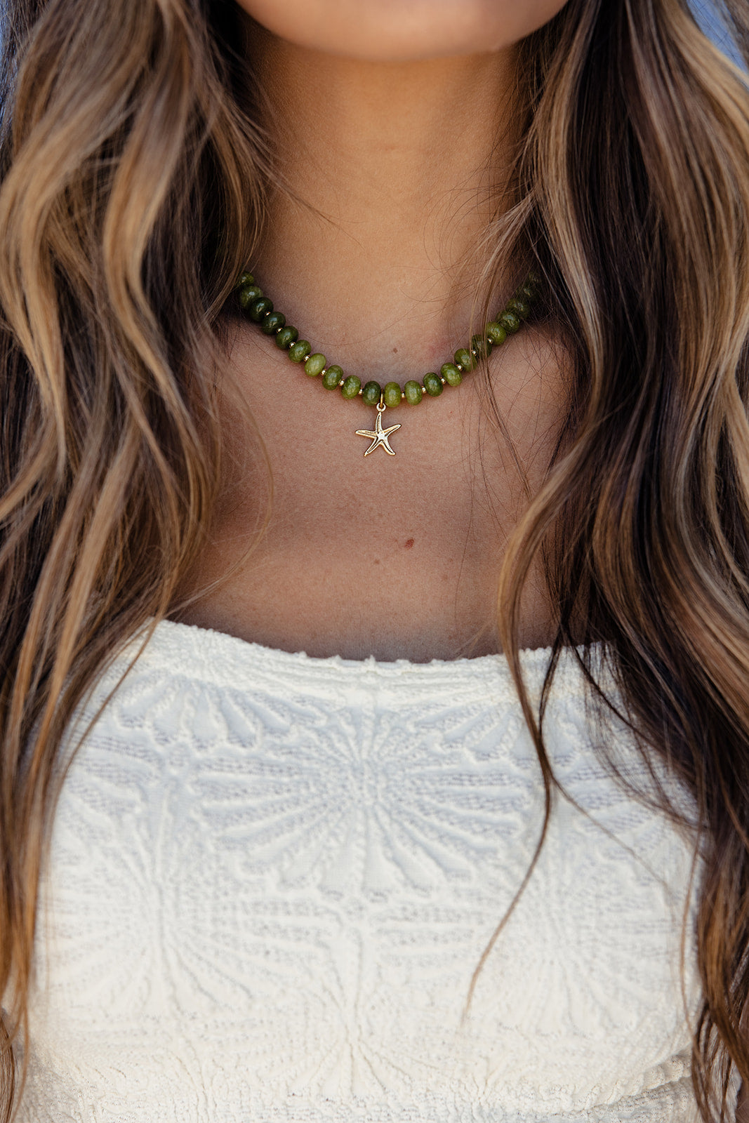 Green Jade Necklace + Starfish Pendant