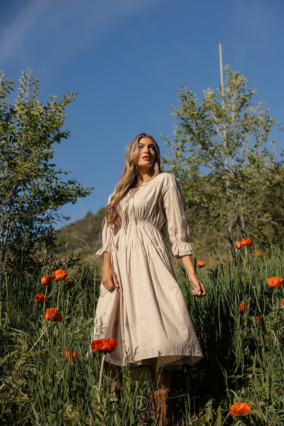 a woman in a dress standing in a field of flowers