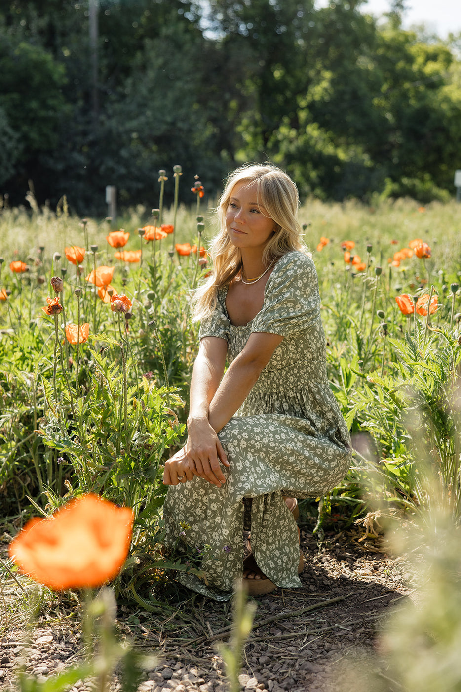 a woman in a dress sitting in a field of flowers