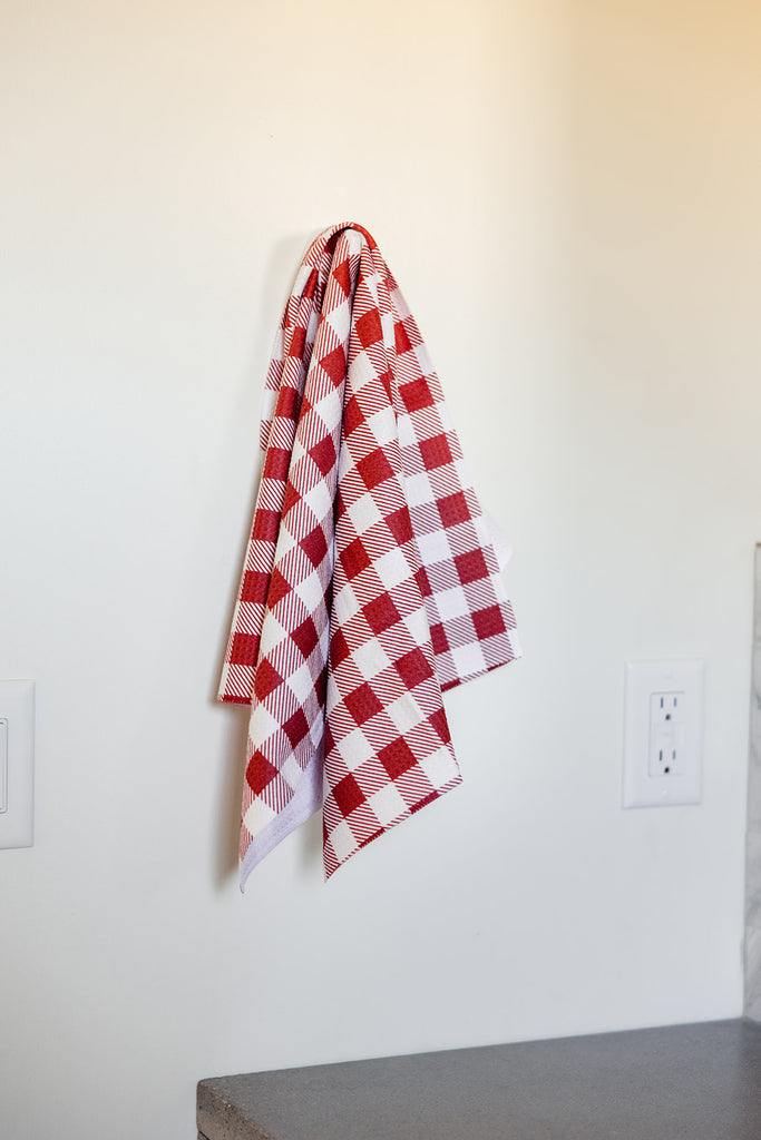 Geometry Christmas Gingham Red Tea Towel