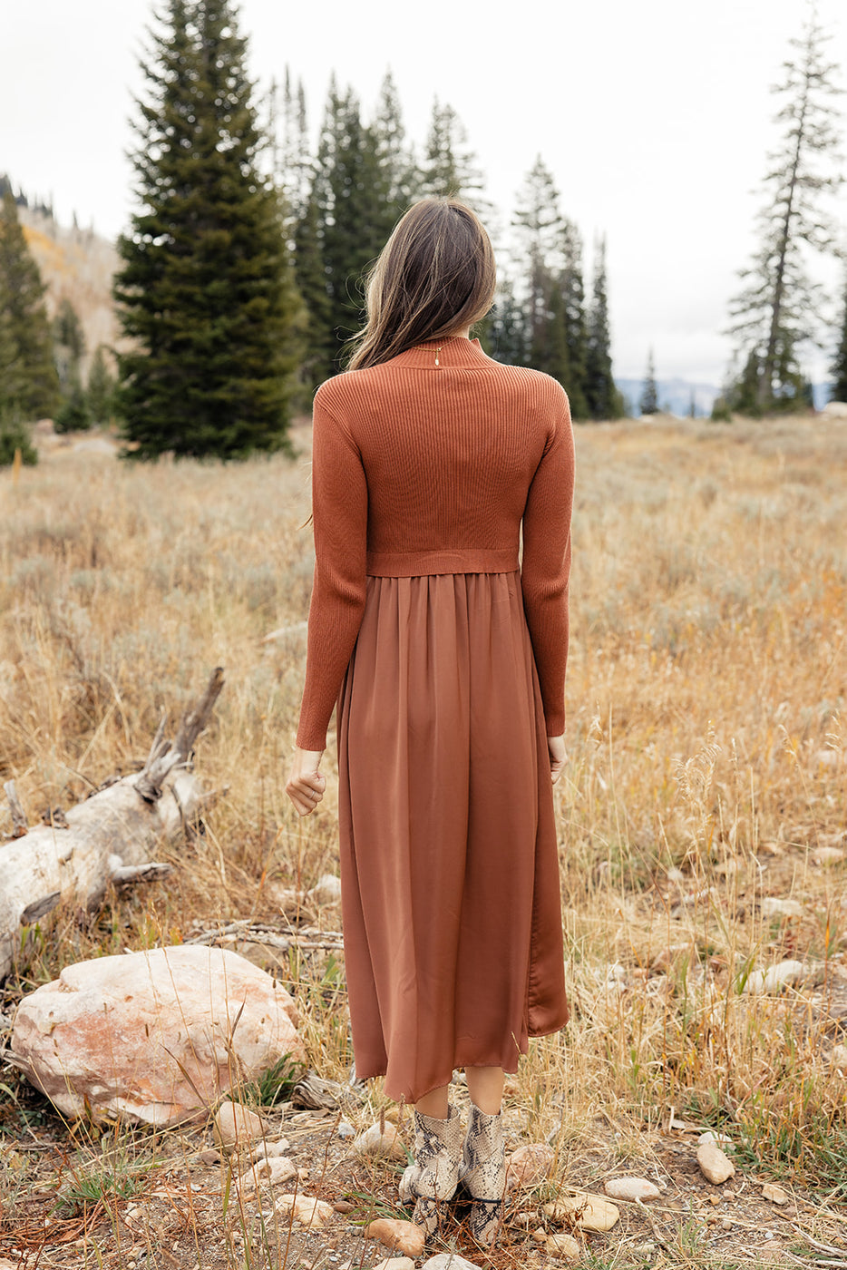 a woman in a long dress standing in a field of tall grass