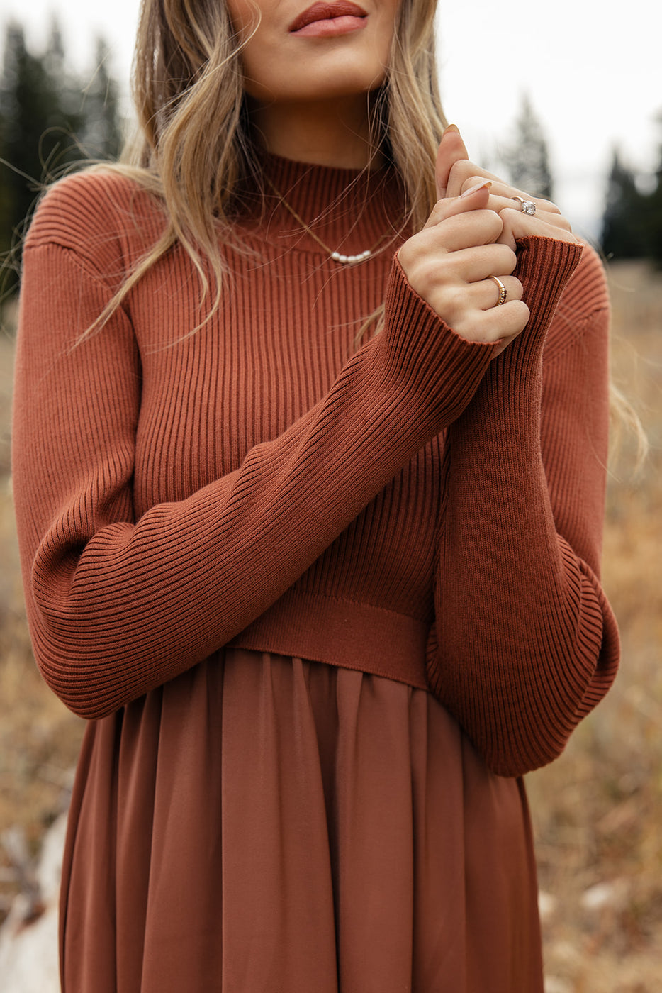 a woman wearing a brown sweater and skirt