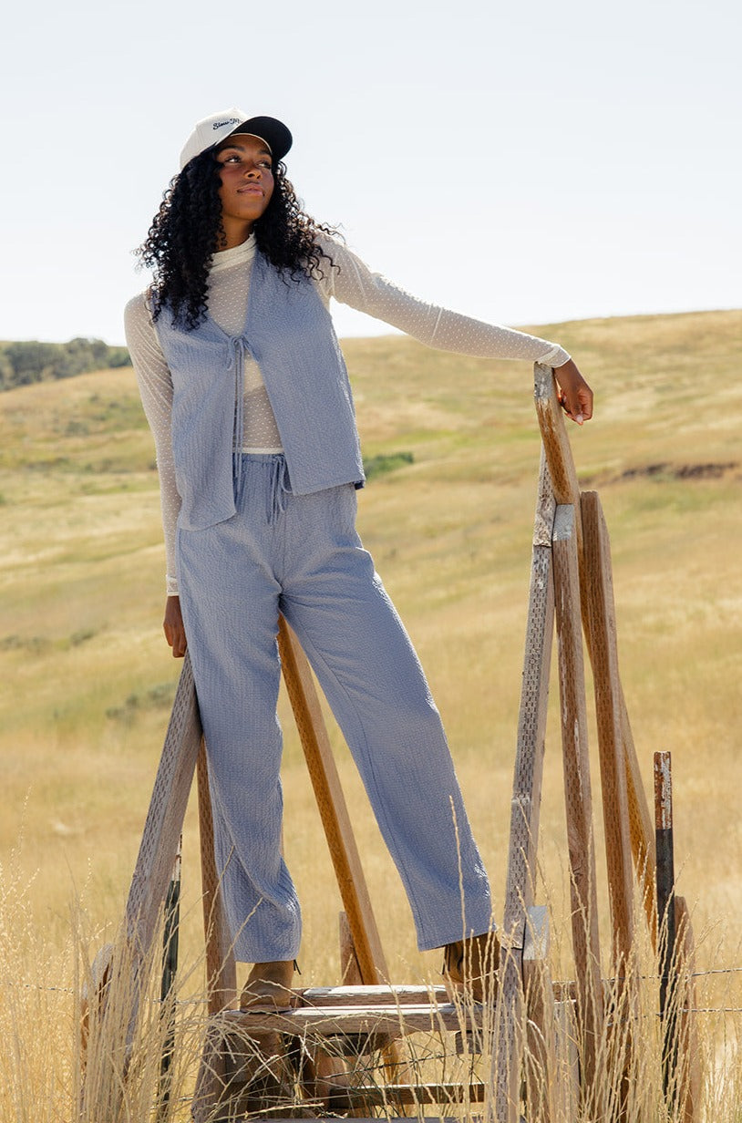 a woman standing on a ladder in a field