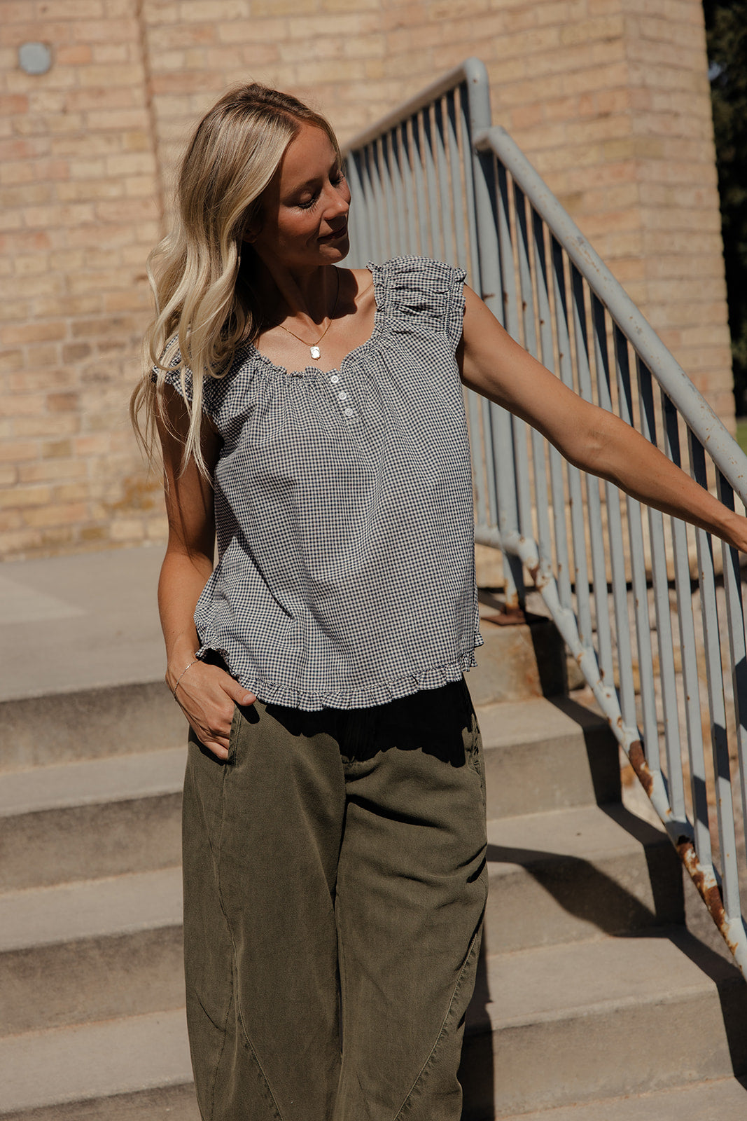 Midnight Gingham Ruffle Blouse