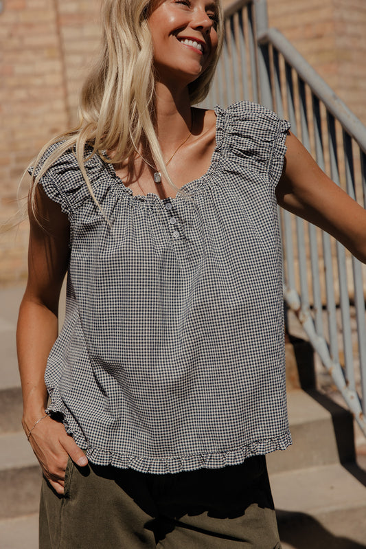 Midnight Gingham Ruffle Blouse