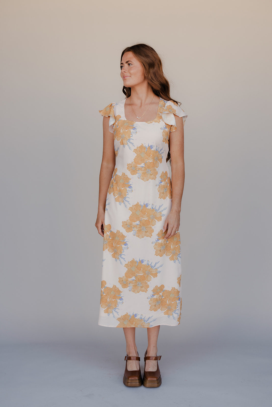 Golden Petal Flutter Sleeve Dress