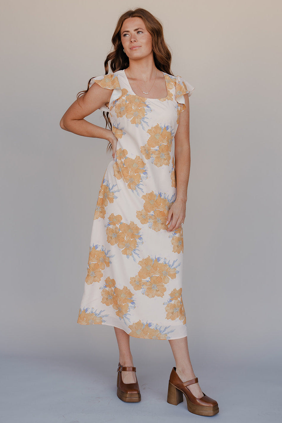 Golden Petal Flutter Sleeve Dress