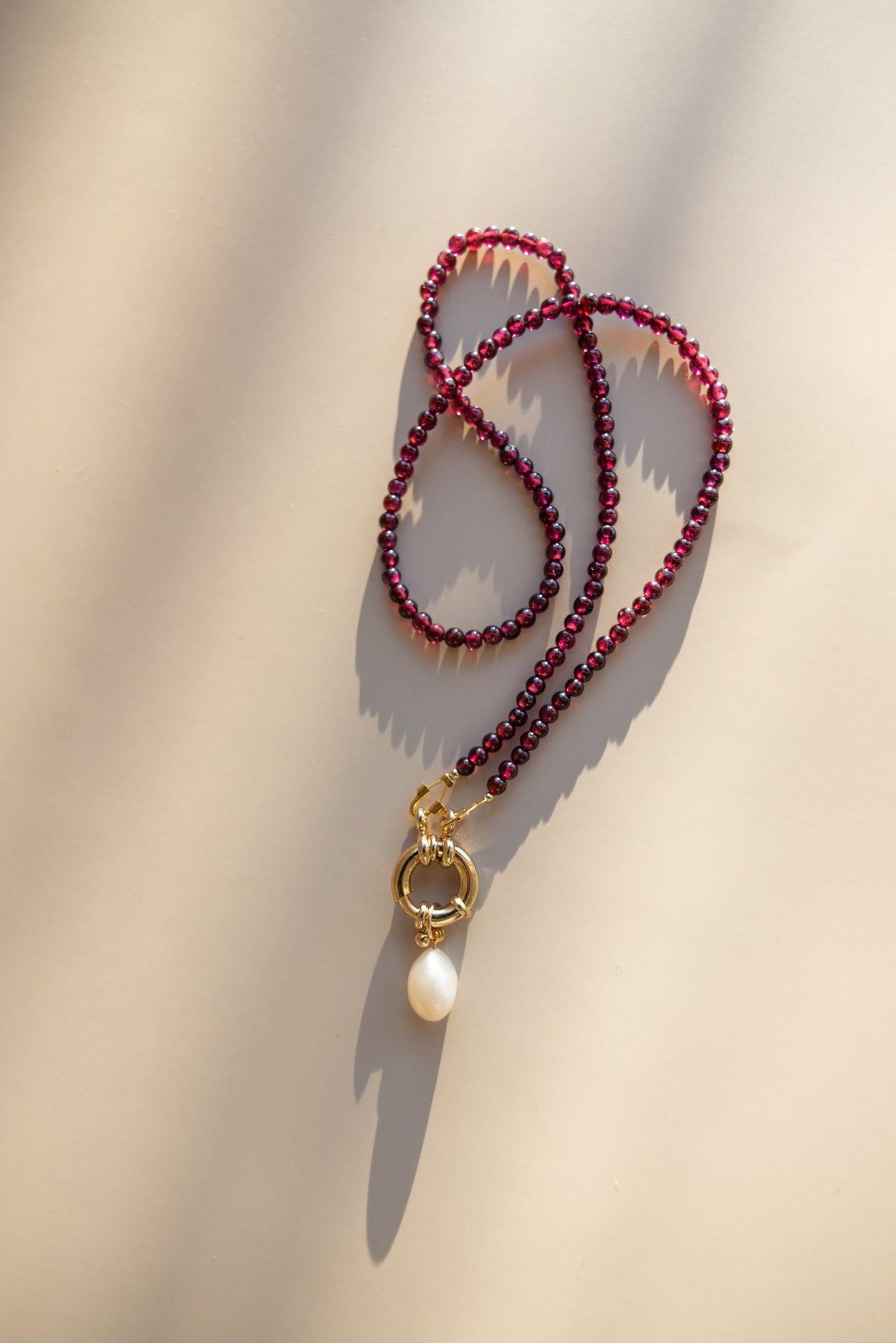 Deep Red Garnet Gemstone Necklace + Pearl Pendant