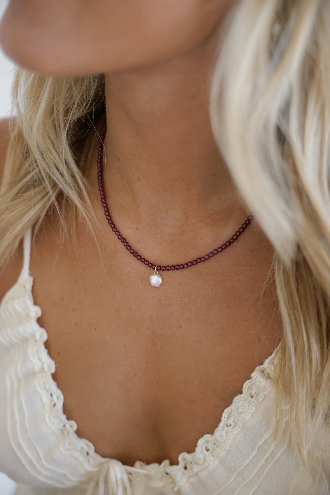 Deep Red Garnet Gemstone Necklace + Pearl Pendant