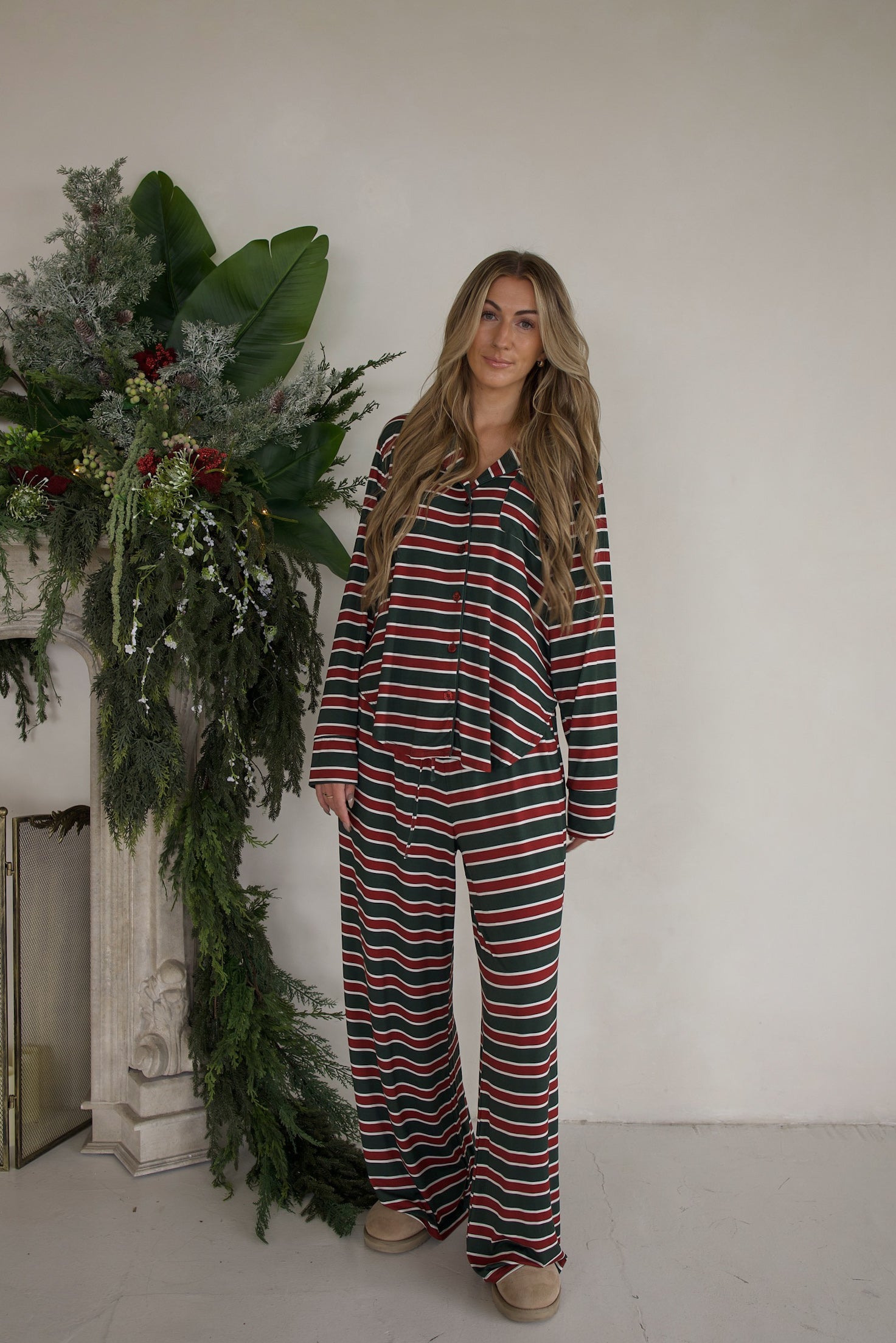 Women's Bamboo Button Up Lounge Set | Holiday Stripe