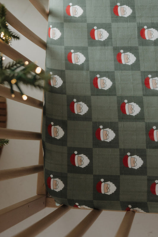 Muslin Crib Sheet | Santa Checkerboard