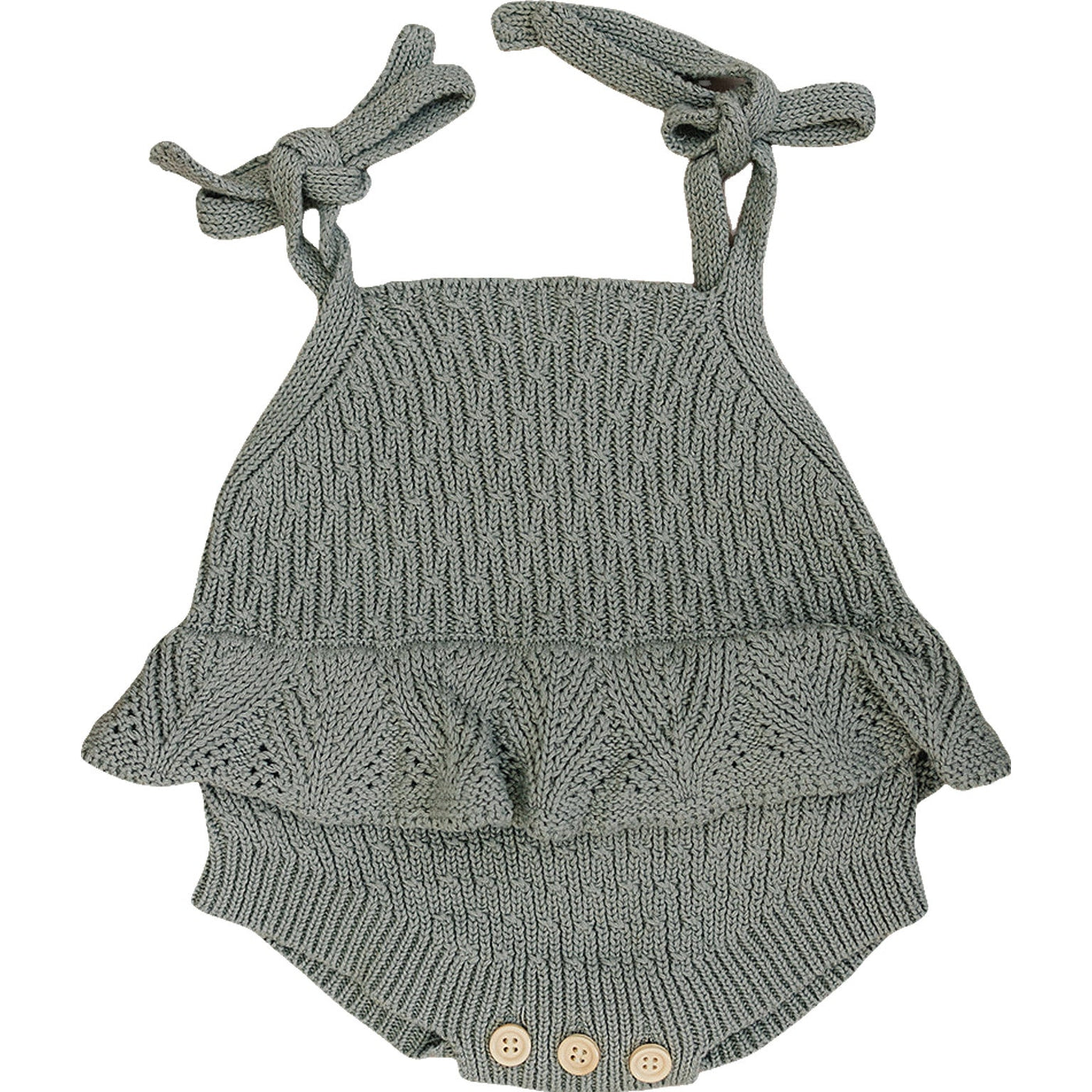 a grey knitted romper with a bow