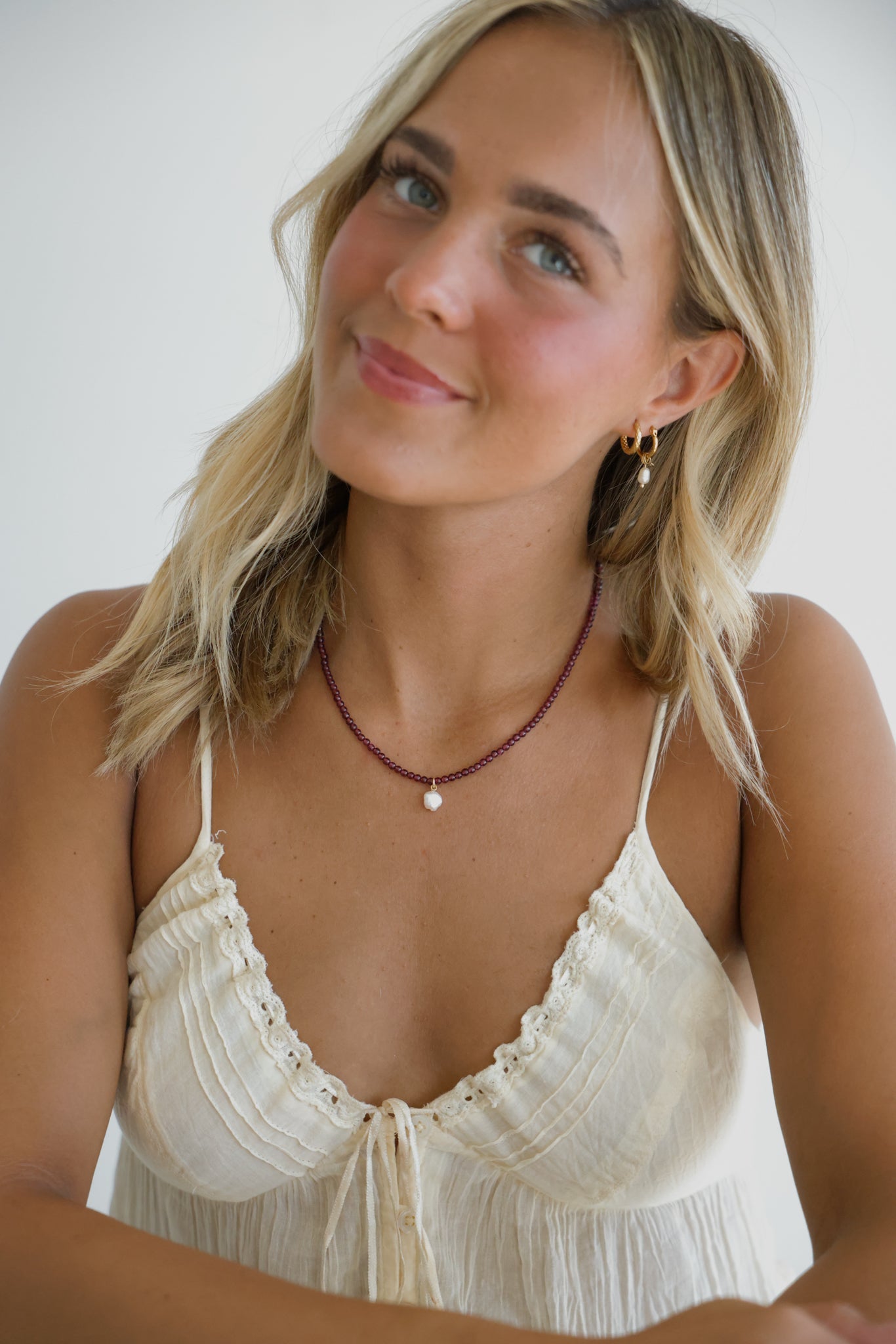 Deep Red Garnet Gemstone Necklace + Pearl Pendant