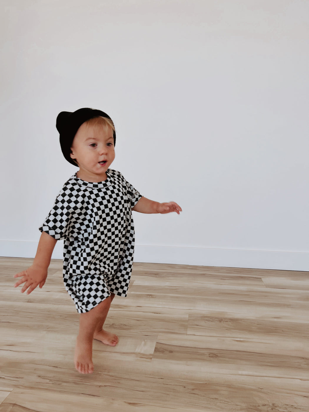 Short Sleeve Ribbed Romper | Black & Grey Checkerboard