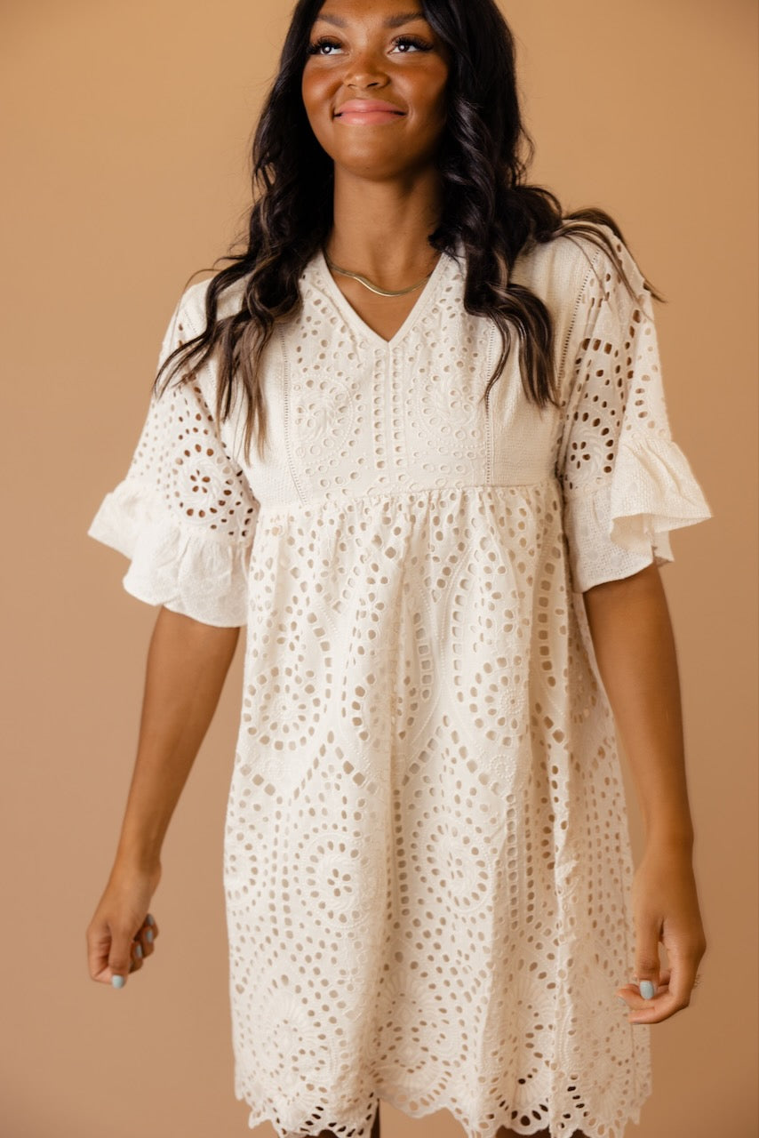 Falling For You Eyelet Dress in Crème