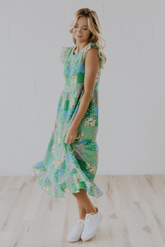 Green Patchwork Dress | ROOLEE