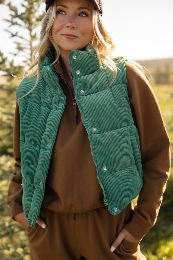 Green Corduroy Vest - Puffer Vests | ROOLEE