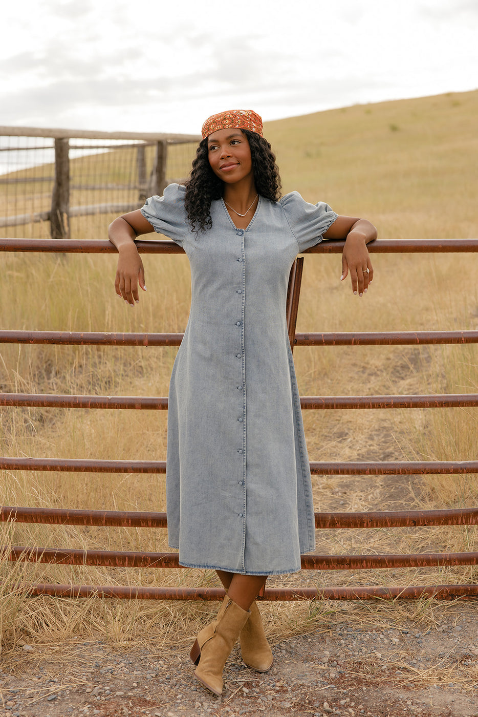 Woman in a light blue dress standing against a rustic metal fence with a natural landscape background.