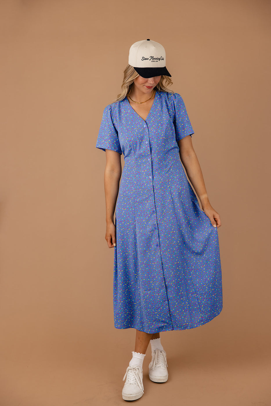 a woman in a blue dress