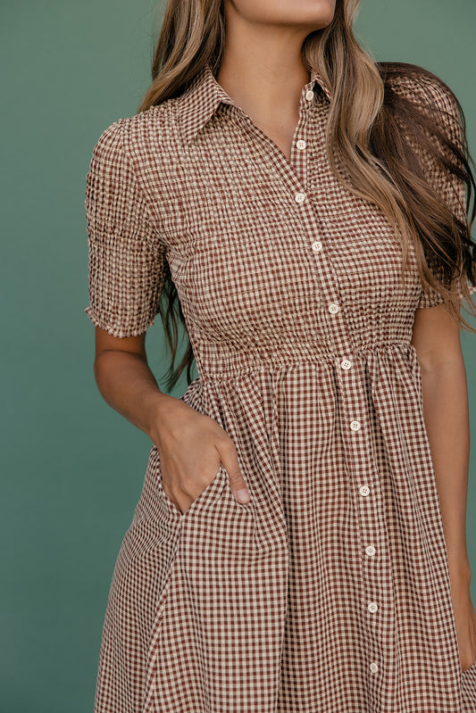 Woman wearing a brown checkered dress against a green background