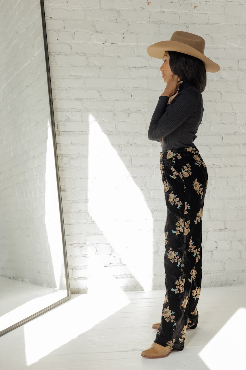 Velvet Floral Pants - Holiday Outfits