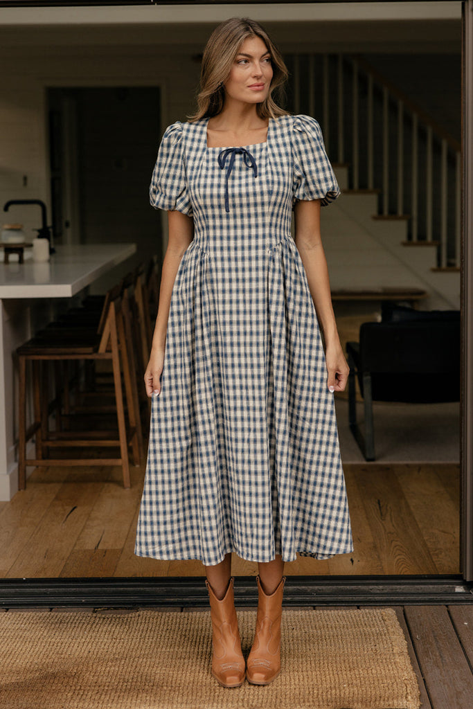 slim fit dress slacks Opal Gingham Maxi Dress in Brown main image 0